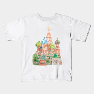 Moscow Saint Basil's Cathedral watercolor on background Kids T-Shirt